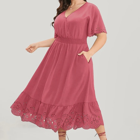 Solid Laser Cut Shirred Pocket Wrap Scalloped Trim Flutter Dress - Picture 2 of 5